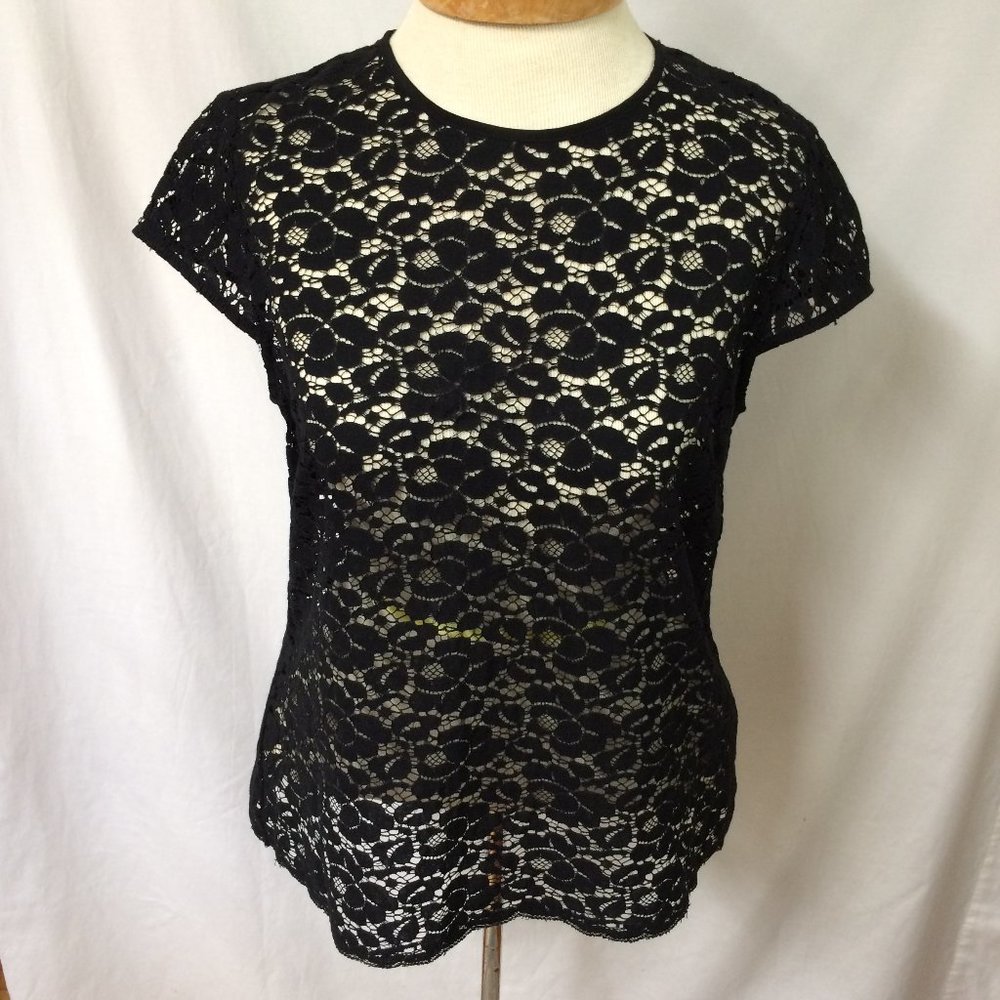 Liz Claiborne black lace top small back zip short sleeve Whimsigoth  Romantic